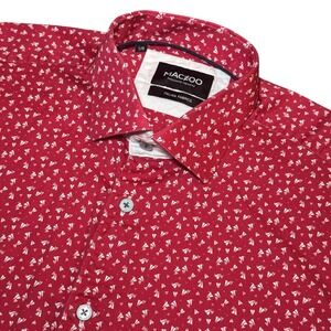 Maceoo Mens Medium Red Fresh Paper Plane Print Short Sleeve Button Down Shirt